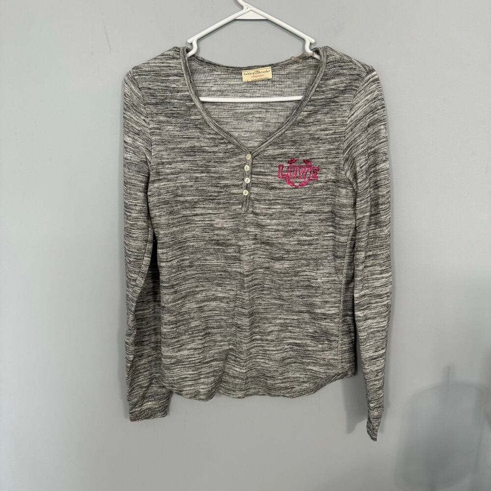 Bobbie Brooks Sleepwear LOVE Henley Top Size Large Gray & Pink Pajama Top
